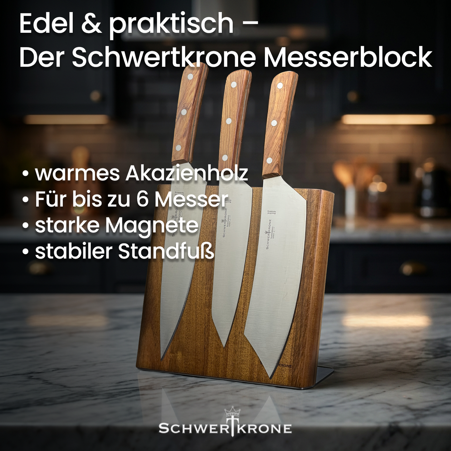 Schwertkrone® Magnetischer Messerblock aus Akazienholz – Für bis zu 6 Messer