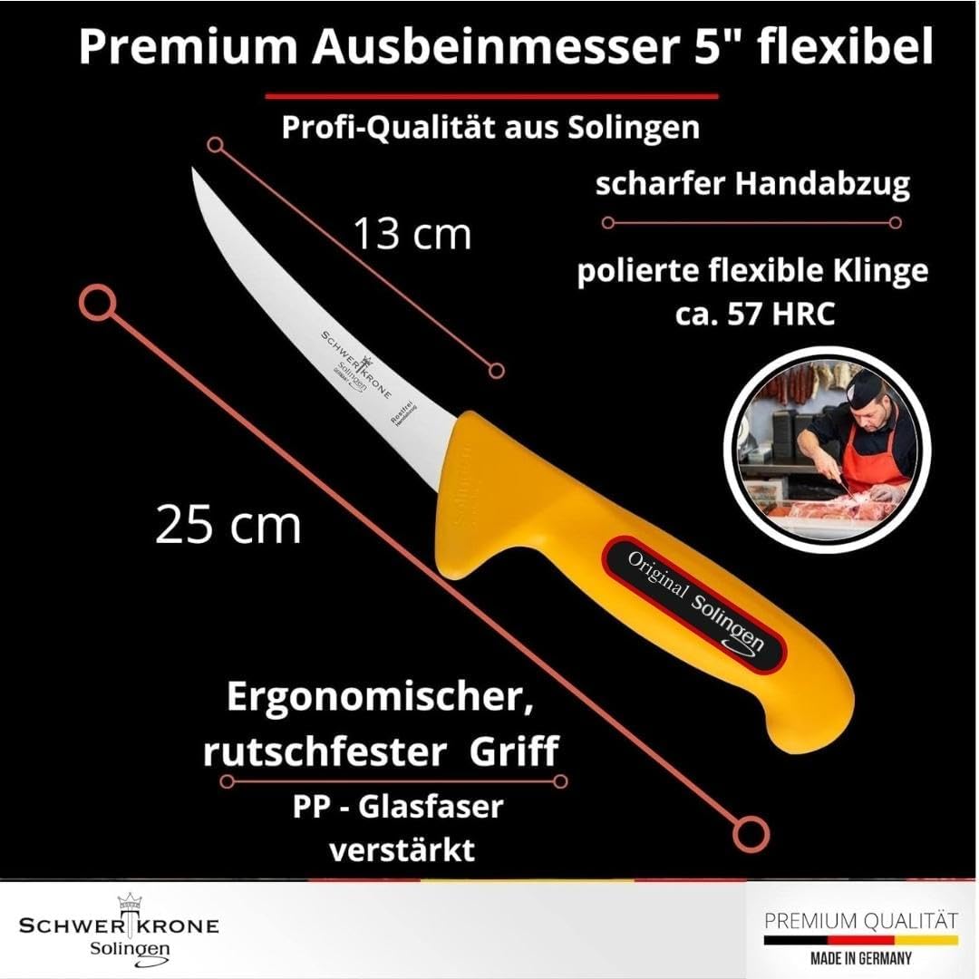 Schwertkrone Solingen Metzgermesser Set - Made in Germany - 6-tlg. Profi Messer Set, Fleischermesser, Schlachtermesser, Ausbeinmesser, Schlachtmesser