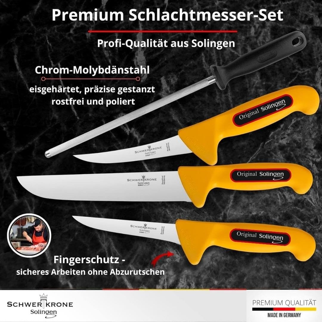 Schwertkrone Solingen Metzgermesser Set mit Wetzstahl  - Made in Germany - 4-tlg. Profi Messer Set, Fleischermesser, Schlachtermesser, Ausbeinmesser, Schlachtmesser