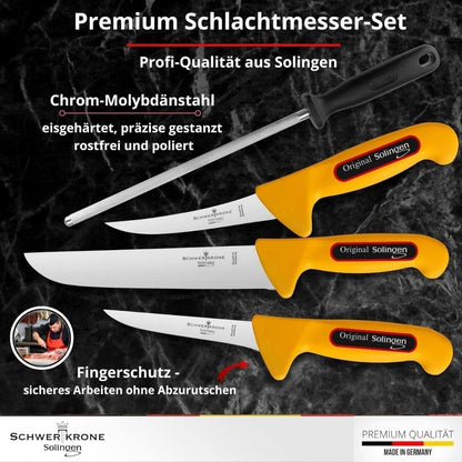 Schwertkrone Solingen Metzgermesser Set mit Wetzstahl  - Made in Germany - 4-tlg. Profi Messer Set, Fleischermesser, Schlachtermesser, Ausbeinmesser, Schlachtmesser