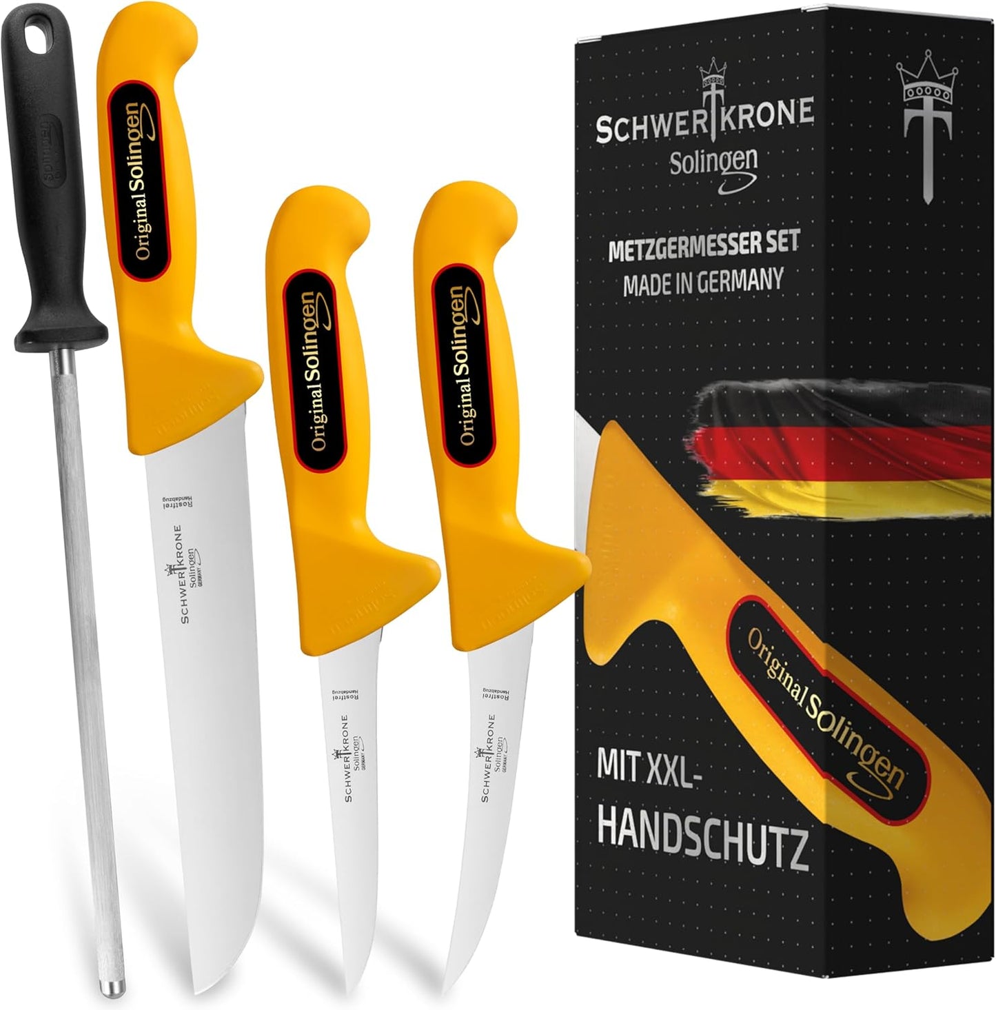 Schwertkrone Solingen Metzgermesser Set mit Wetzstahl  - Made in Germany - 4-tlg. Profi Messer Set, Fleischermesser, Schlachtermesser, Ausbeinmesser, Schlachtmesser