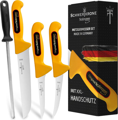 Schwertkrone Solingen Metzgermesser Set mit Wetzstahl  - Made in Germany - 4-tlg. Profi Messer Set, Fleischermesser, Schlachtermesser, Ausbeinmesser, Schlachtmesser
