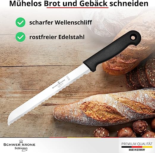 Schwertkrone Brotmesser mit Wellenschliff aus Solingen Made in Germany rostfrei