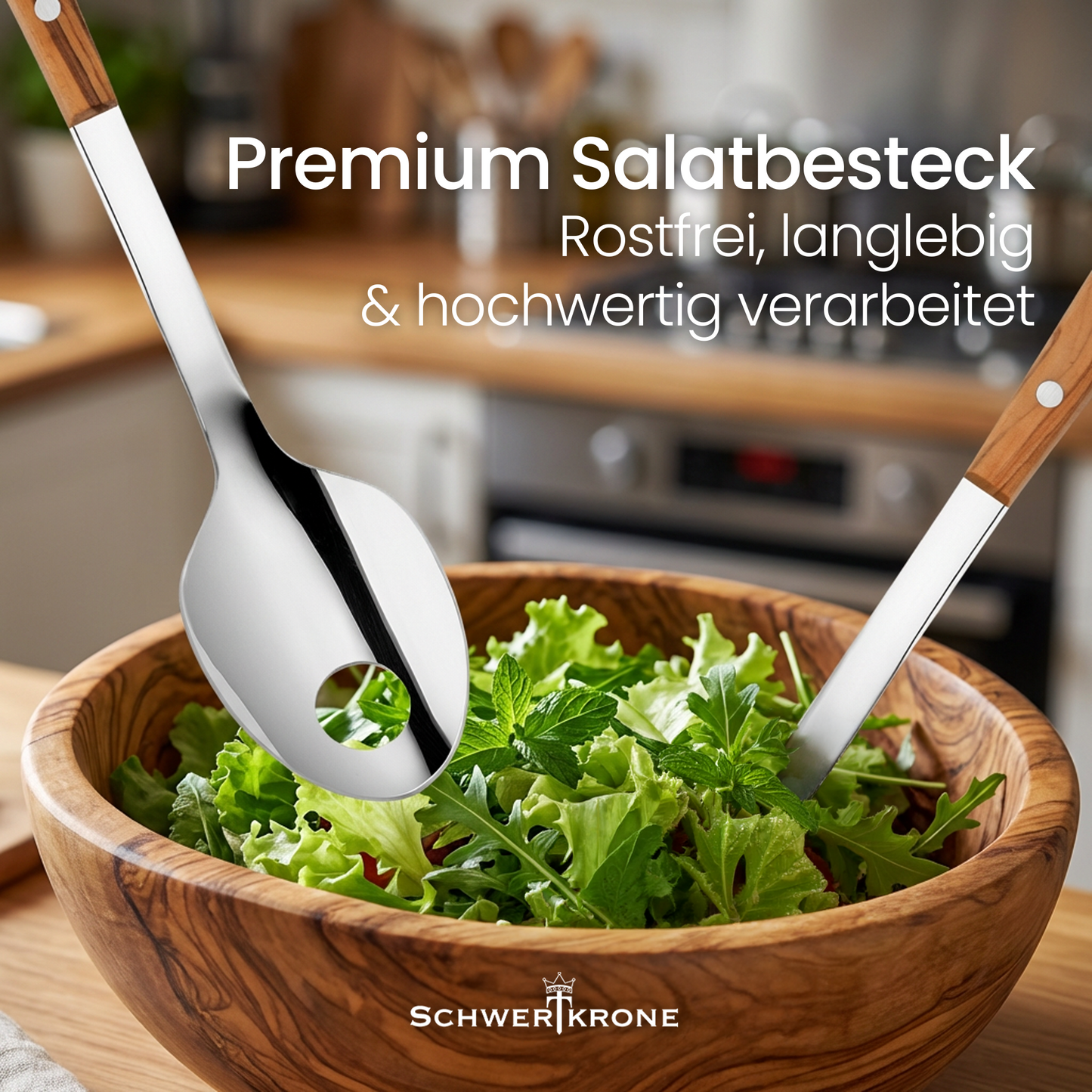 Salatbesteck Edelstahl mit Olivenholzgriff (2-teilig) – 25 cm Salatlöffel Set, rostfrei & hochwertig