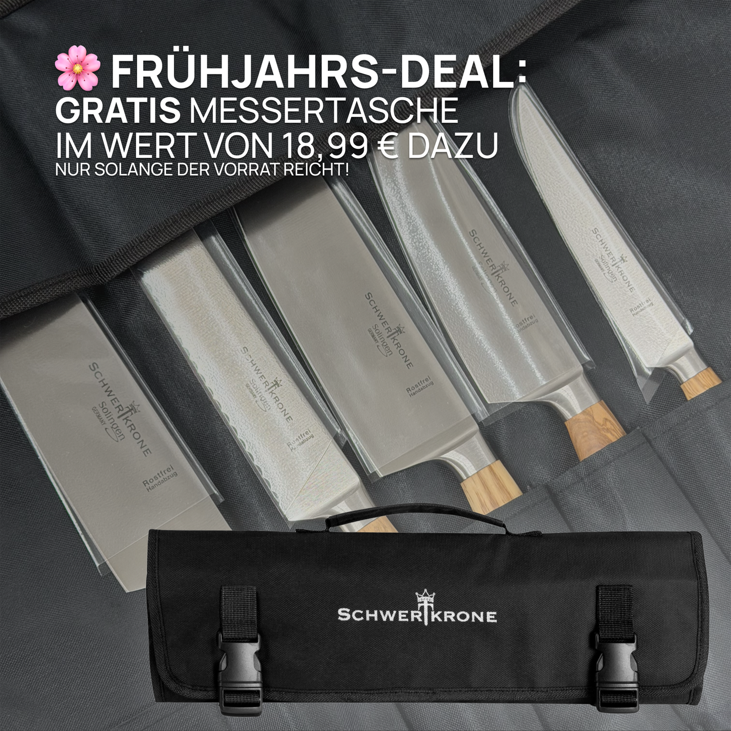 5 geschmiedete Messer mit Olivenholzgriff aus Solingen in einer gratis schwarzen Messertasche mit Schwertkrone Logo