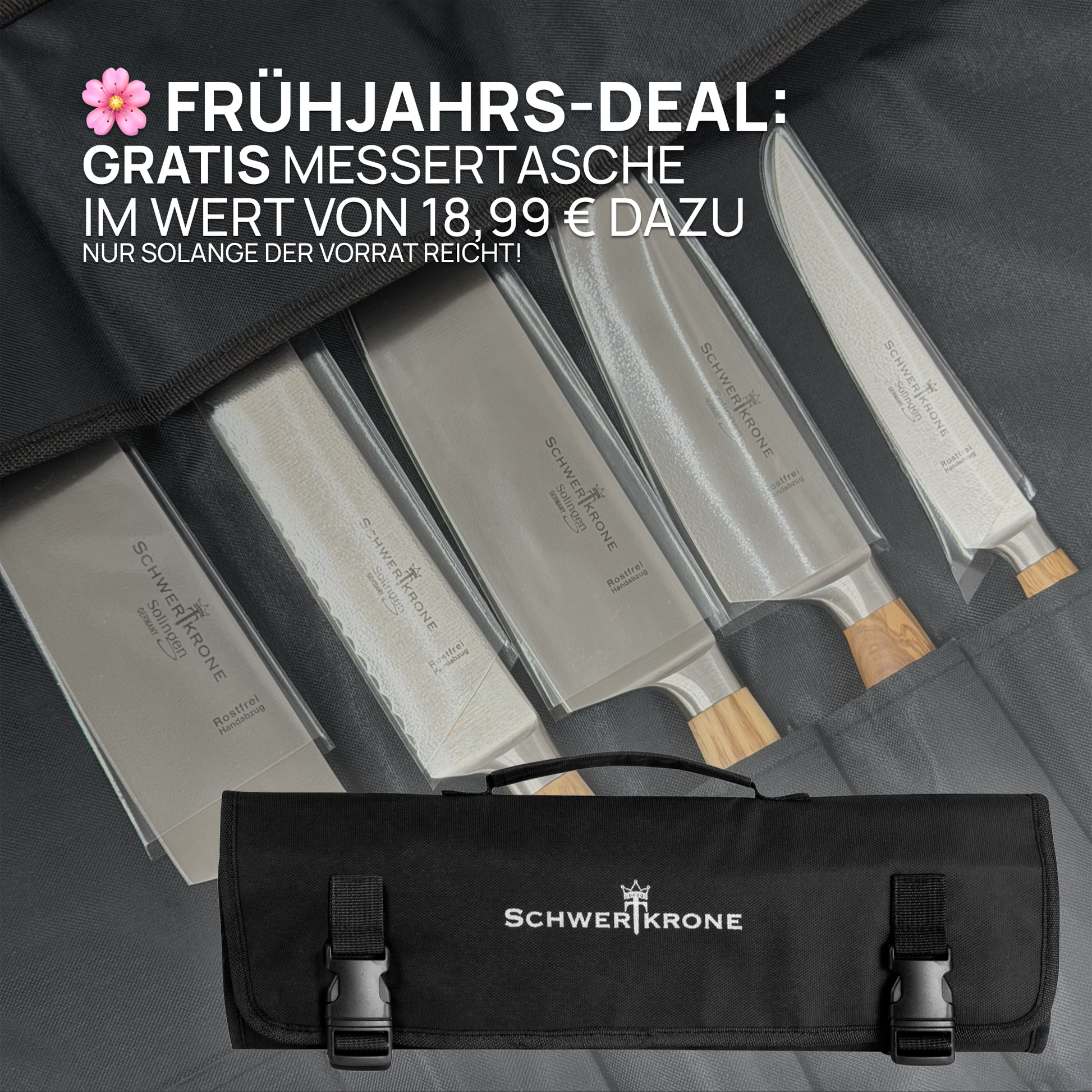 5 geschmiedete Messer mit Olivenholzgriff aus Solingen in einer gratis schwarzen Messertasche mit Schwertkrone Logo