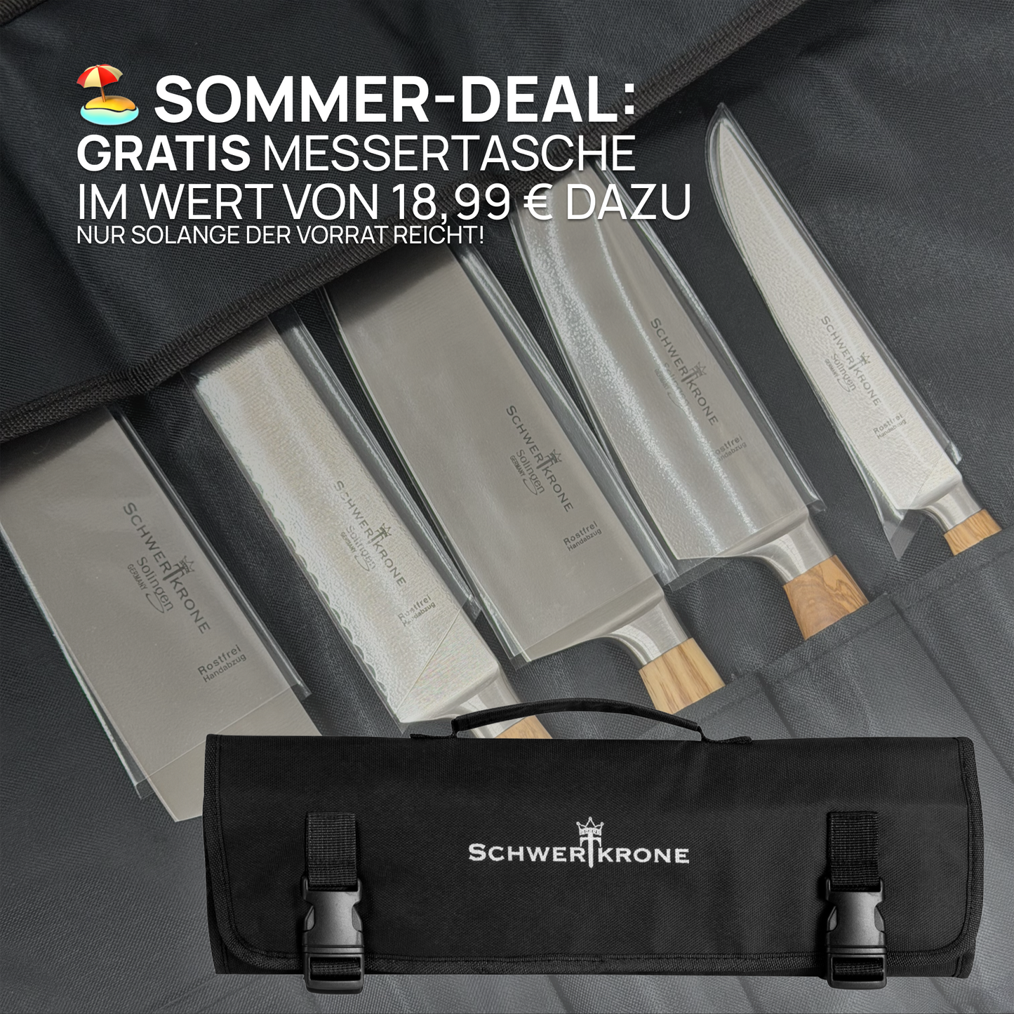 5 geschmiedete Messer mit Olivenholzgriff aus Solingen in einer gratis schwarzen Messertasche mit Schwertkrone Logo