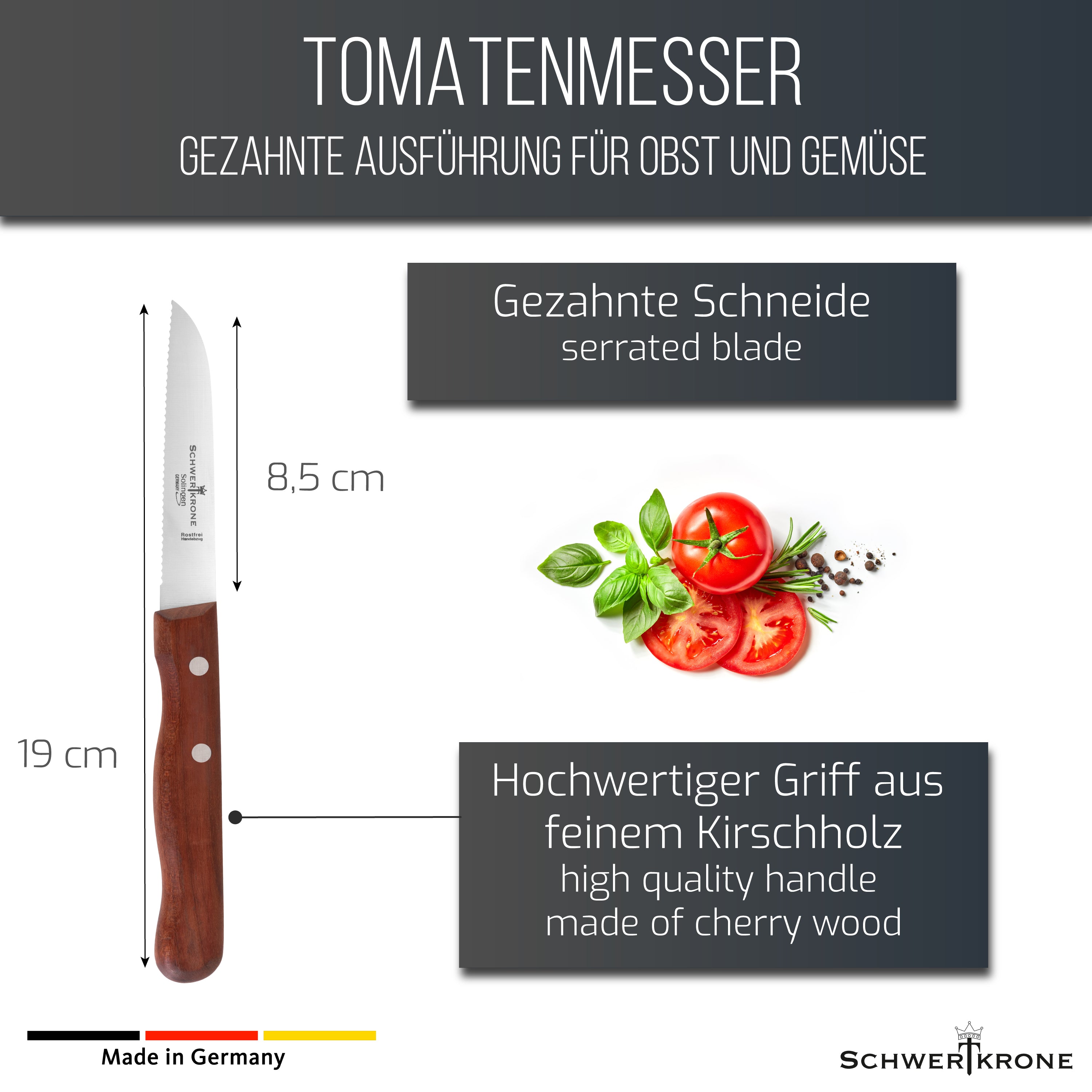 Tomatenmesser - gerade, gezahnte Klinge - Kirschholz